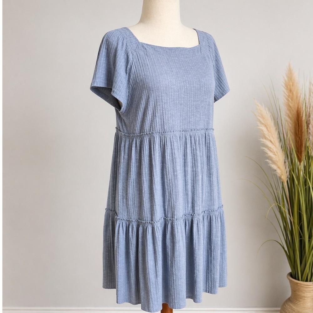 NATURAL LIFE Tiered Knit Square Neck Babydoll Dress SZ Large Coastal Cowgirl - Picture 3 of 11